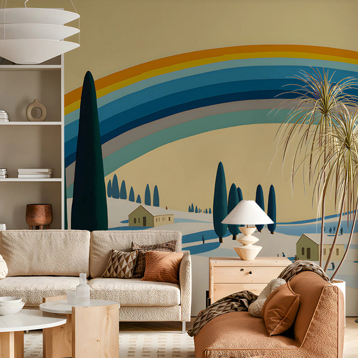 Mediterranean Landscape Mural Wallpaper with Rainbow Motif Mural Wallpaper - pure wallpaper artwork