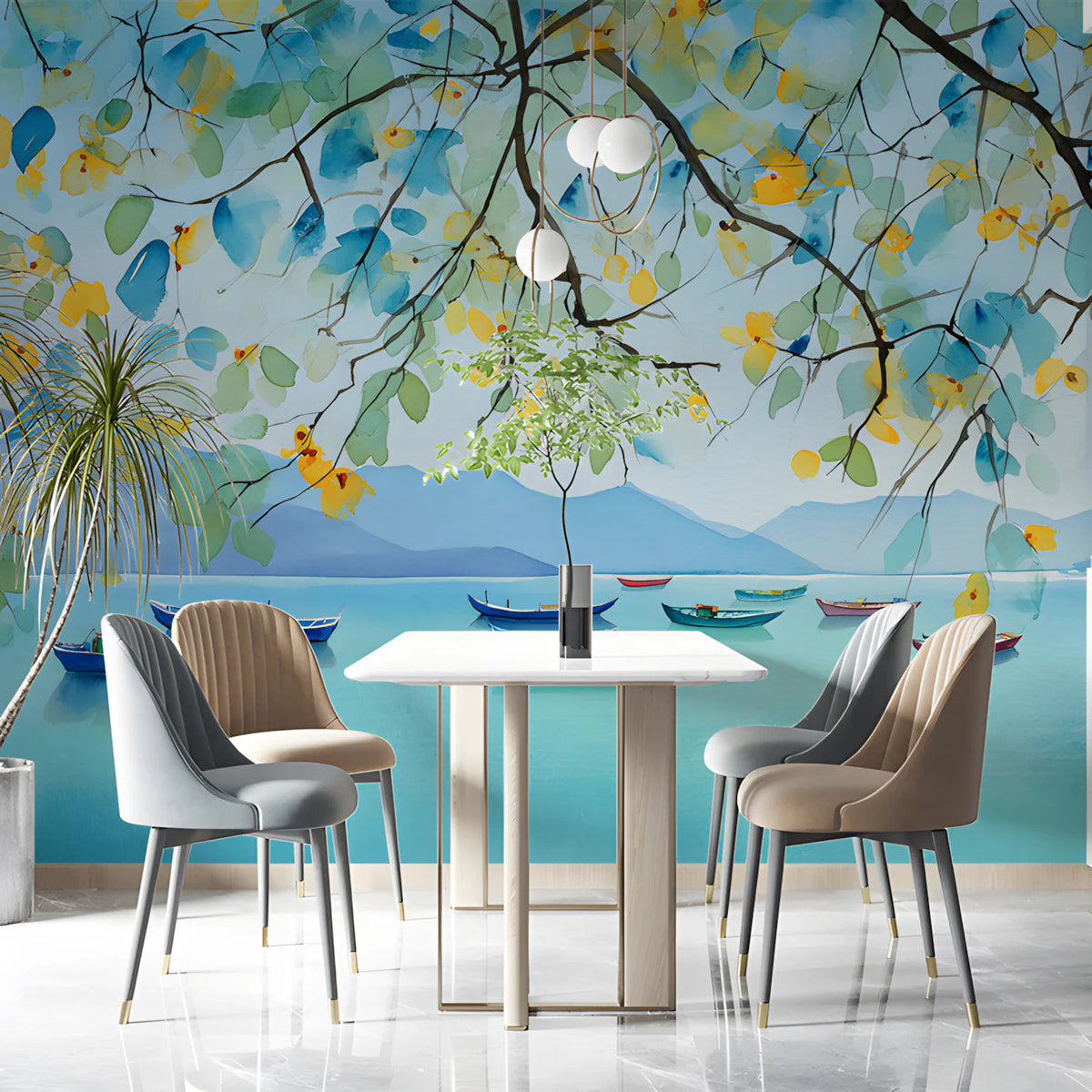 Watercolor Lake Boats Mural Wallpaper — Calm Coastal Blue Scene Mural Wallpaper - pure wallpaper artwork