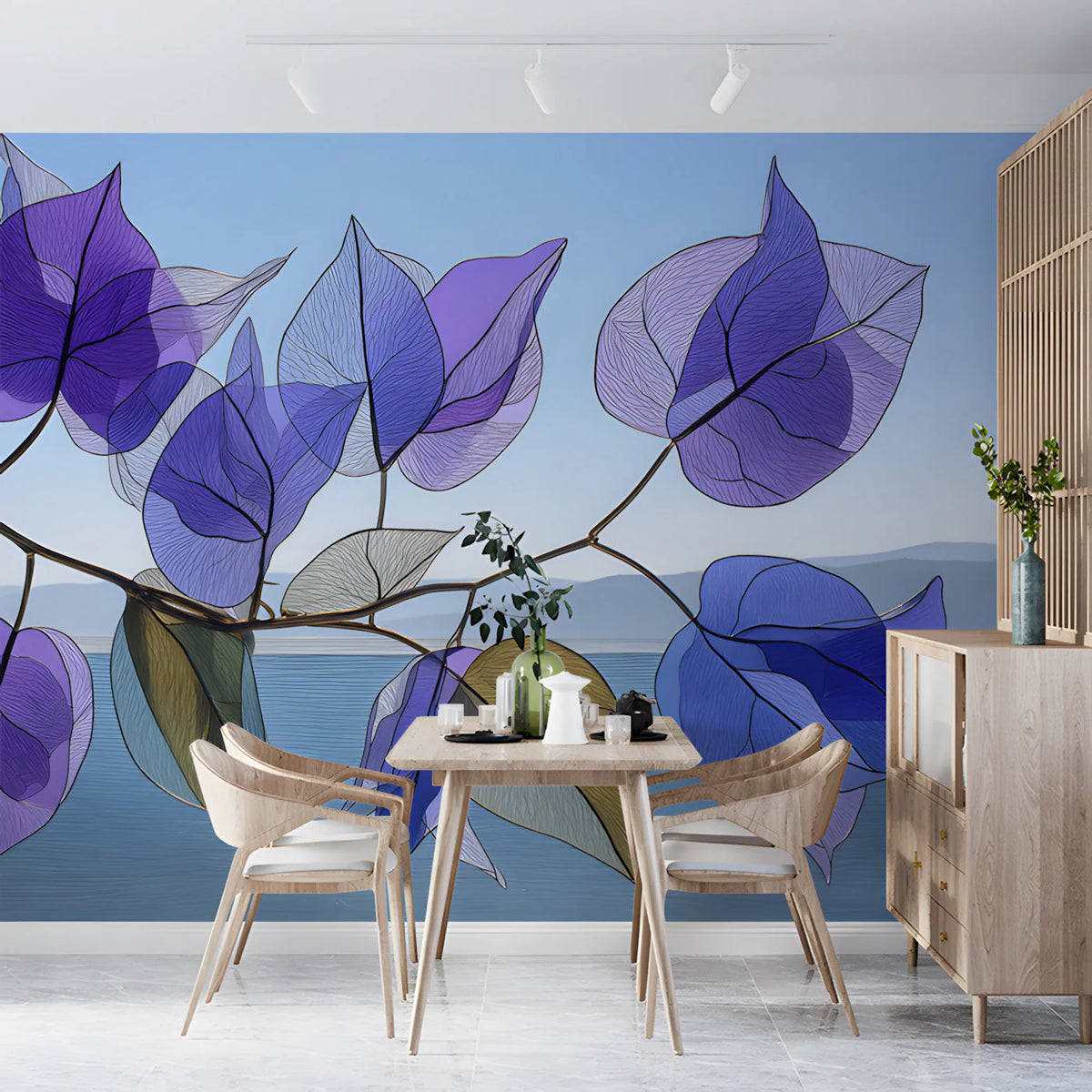 Ethereal Bougainvillea Botanical Mural Wallpaper — Blue and Violet Mural Wallpaper - pure wallpaper artwork