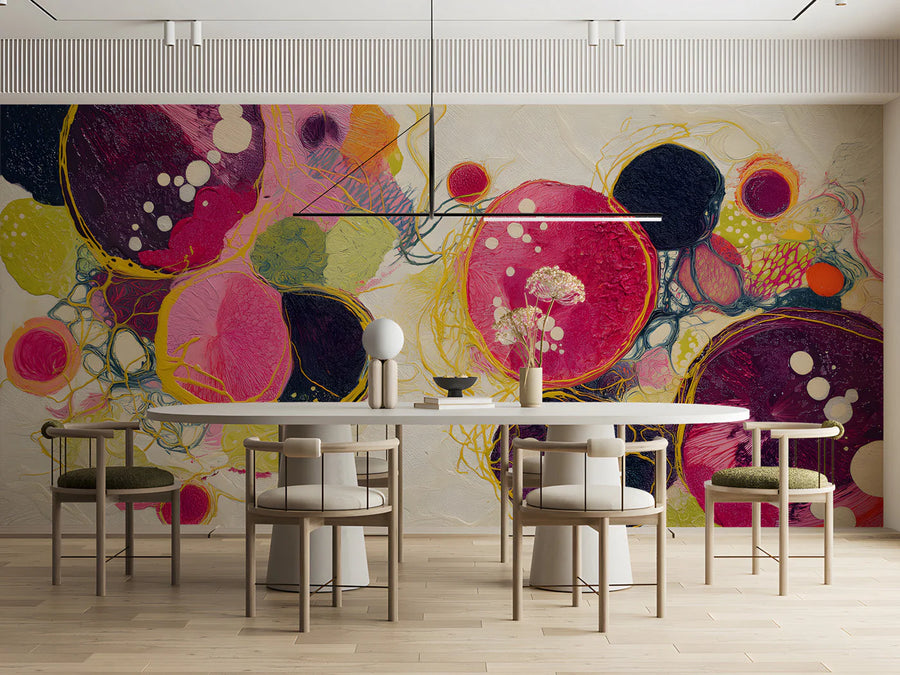 Abstract Cosmic Circles Mural Wallpaper in Vibrant Pink and Plum Mural Wallpaper