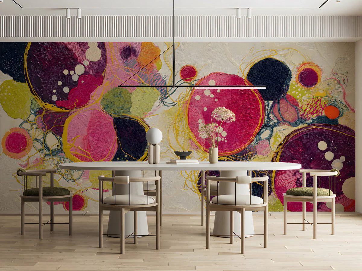Abstract Cosmic Circles Mural Wallpaper in Vibrant Pink and Plum Mural Wallpaper - pure wallpaper artwork