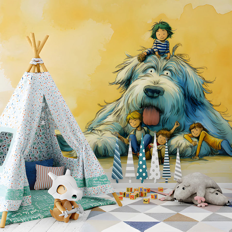 Giant Fluffy Dog and Children Watercolor Mural Wallpaper