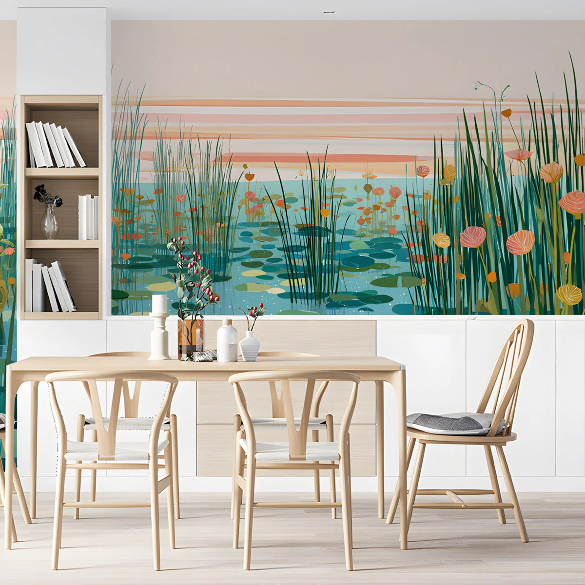 Marshland Sunset Mural Wallpaper with Water Lilies Mural Wallpaper - pure wallpaper artwork