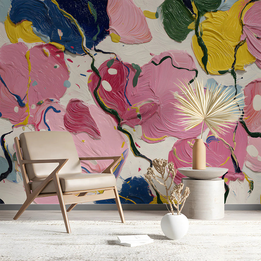Abstract Floral Oil Painting Mural Wallpaper in Bold Multi-Color Mural Wallpaper