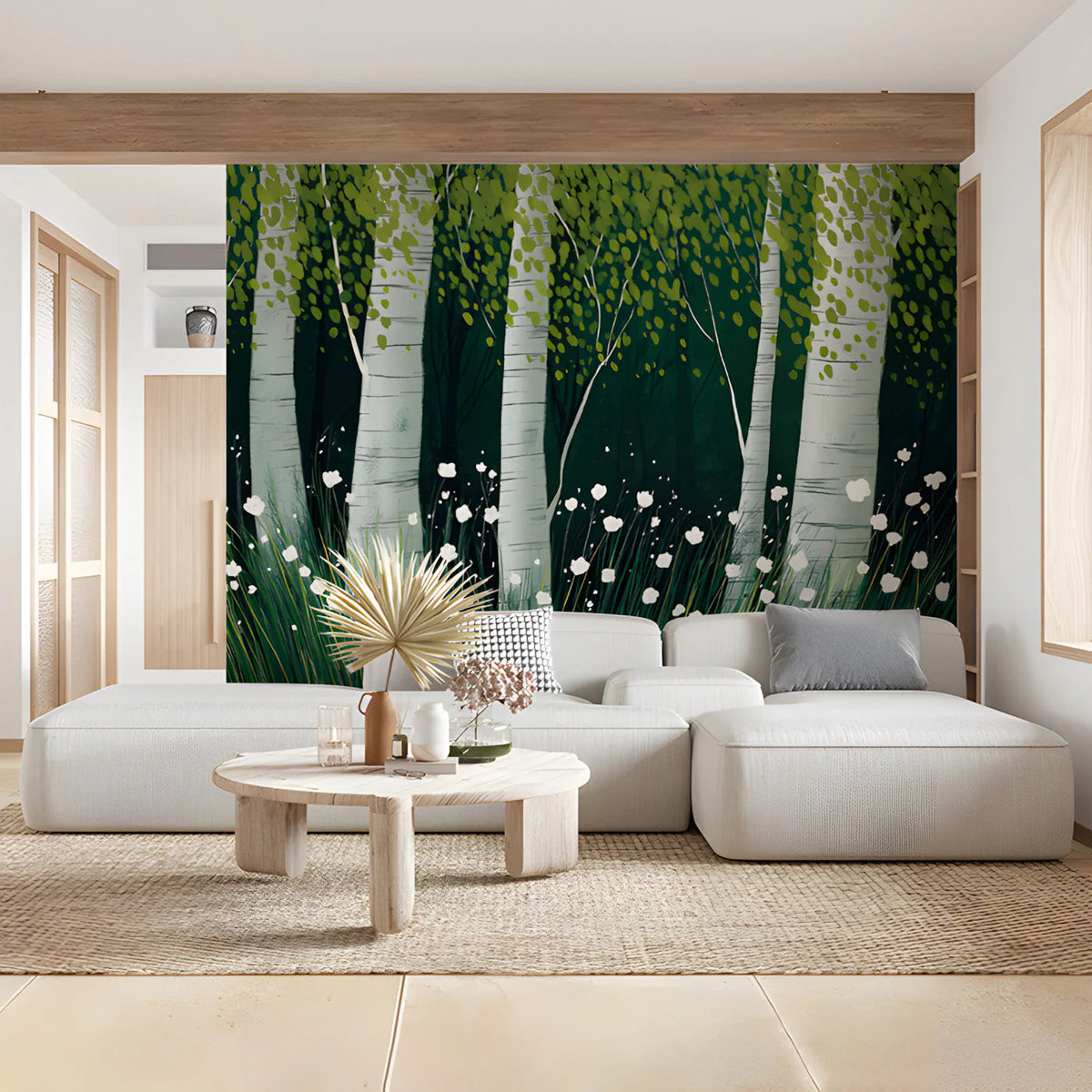 Birch Forest Mural Wallpaper with White Wildflowers Mural Wallpaper - pure wallpaper artwork