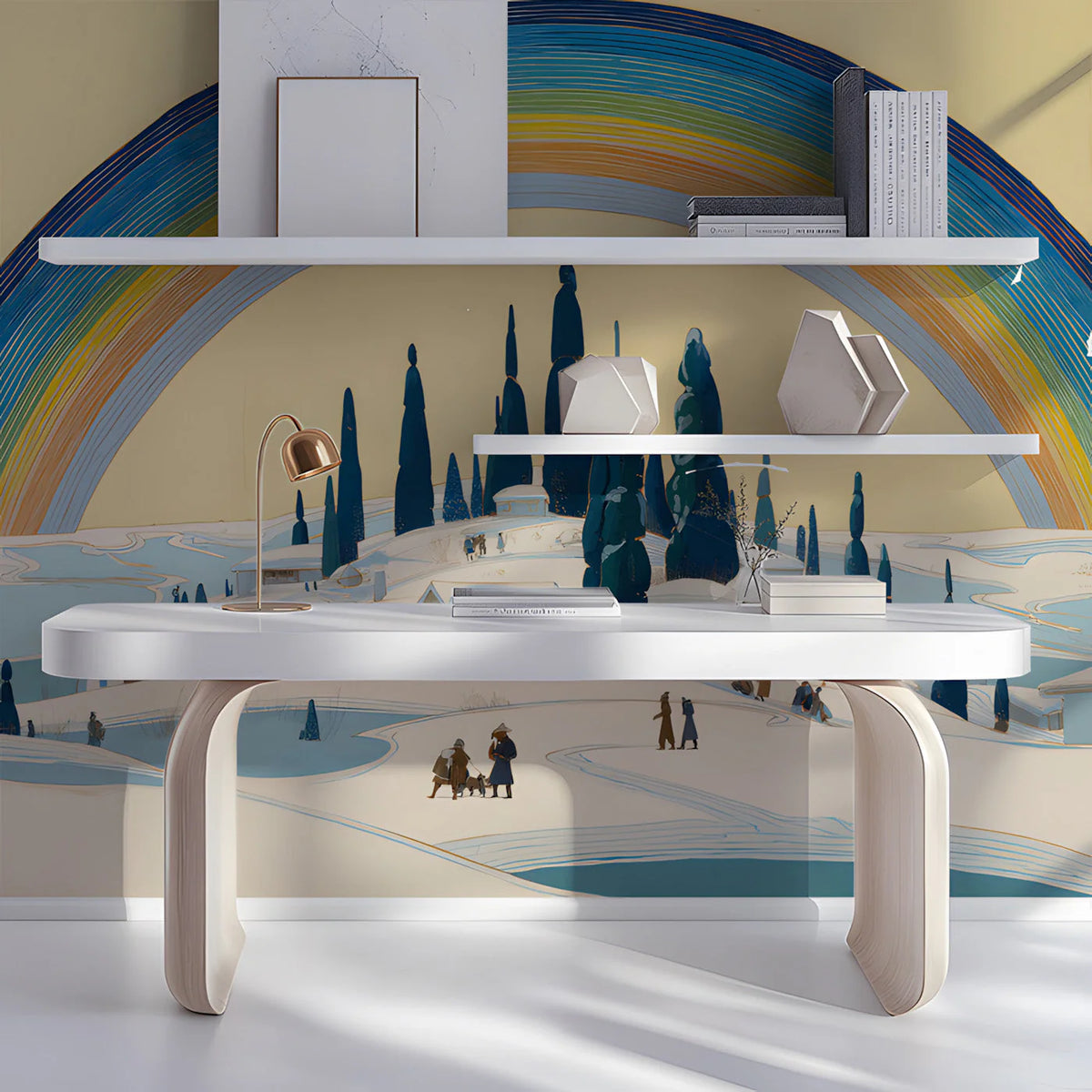 Winter Village Landscape Mural Wallpaper with Rainbow Arch Mural Wallpaper - pure wallpaper artwork