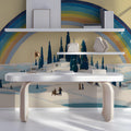 Winter Village Landscape Mural Wallpaper with Rainbow Arch Mural Wallpaper - pure wallpaper artwork