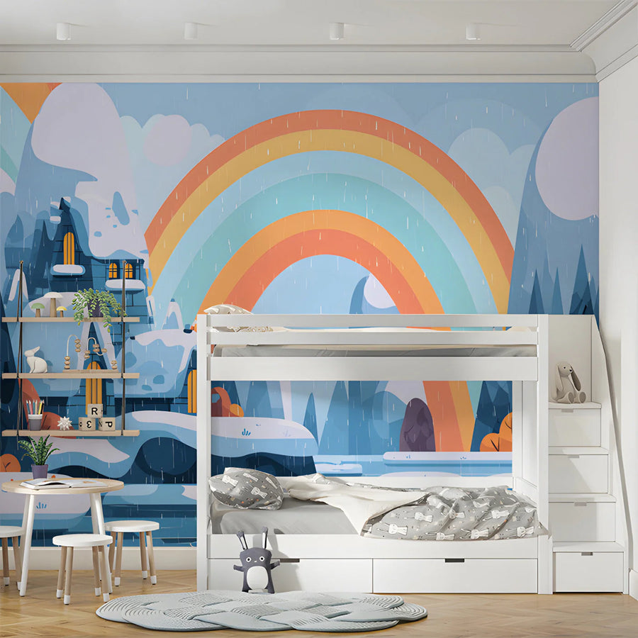 Snowy Rainbow Mountain Mural Wallpaper — Whimsical Winter Landscape Mural Wallpaper