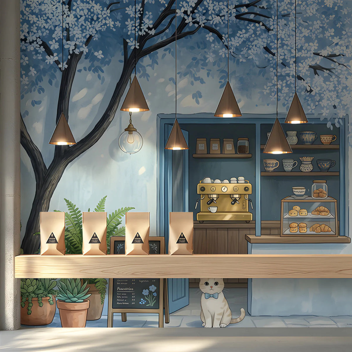 Blue Blossom Cafe Mural Wallpaper with Whimsical Cat Illustration Mural Wallpaper - pure wallpaper artwork