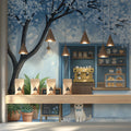Blue Blossom Cafe Mural Wallpaper with Whimsical Cat Illustration Mural Wallpaper - pure wallpaper artwork