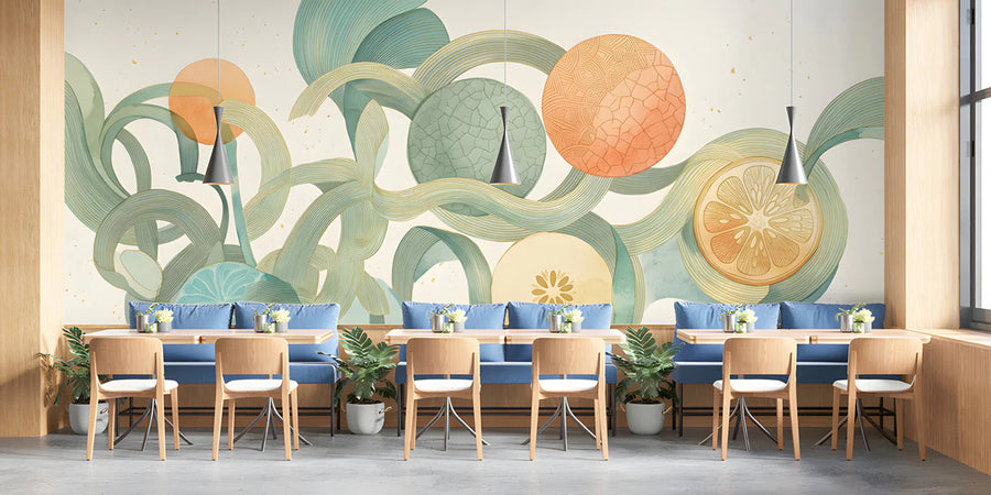 Abstract Citrus Flow Mural Wallpaper — Organic Botanical Design Mural Wallpaper