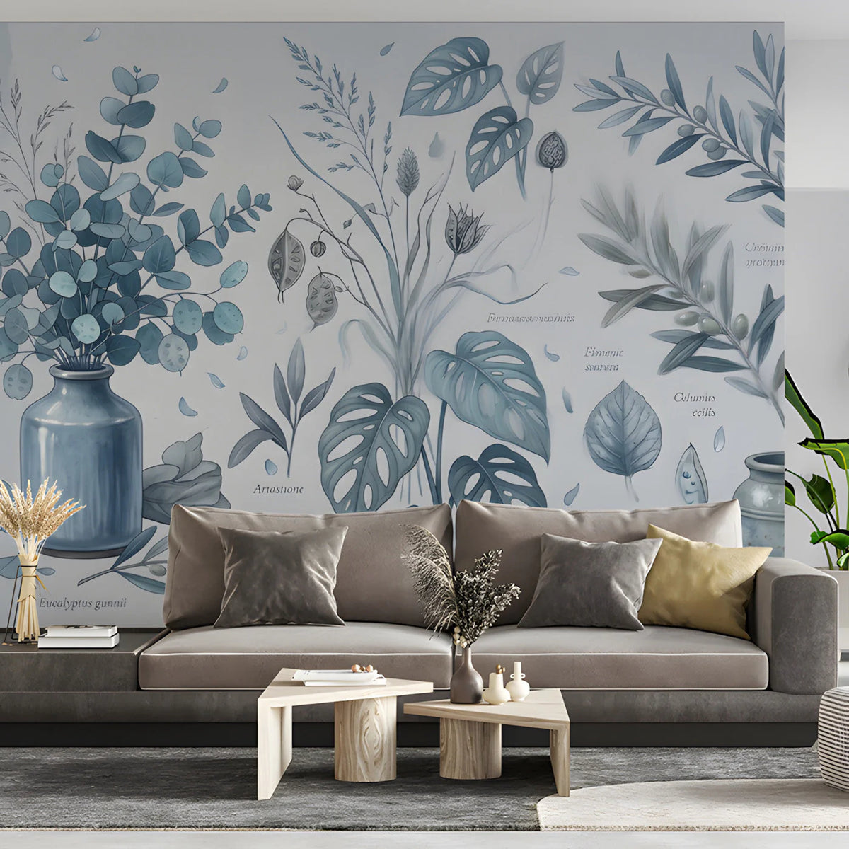 Botanical Sketch Mural Wallpaper — Blue Monochromatic Art Mural Wallpaper - pure wallpaper artwork