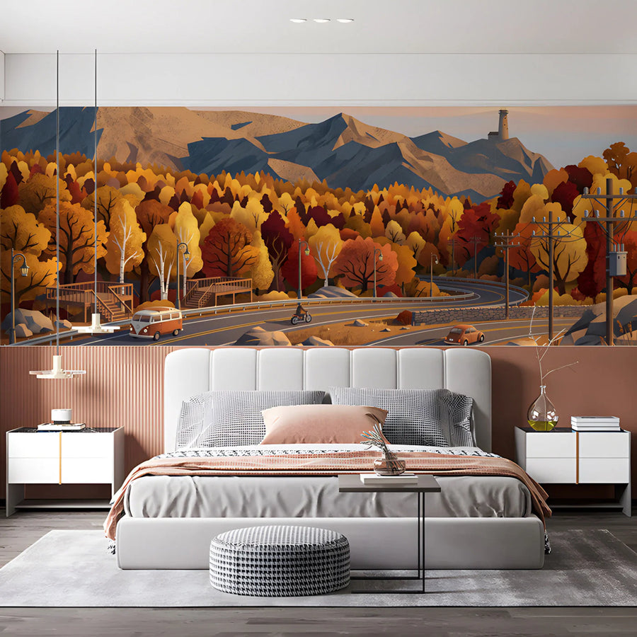 Autumn Mountain Road Mural Wallpaper — Scenic Landscape Design Mural Wallpaper