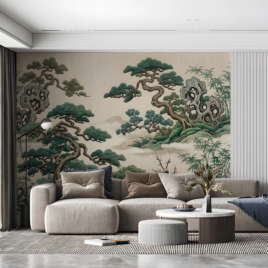 Chinoiserie Pine and Bamboo Mural Wallpaper — Artistic Nature Scene Mural Wallpaper
