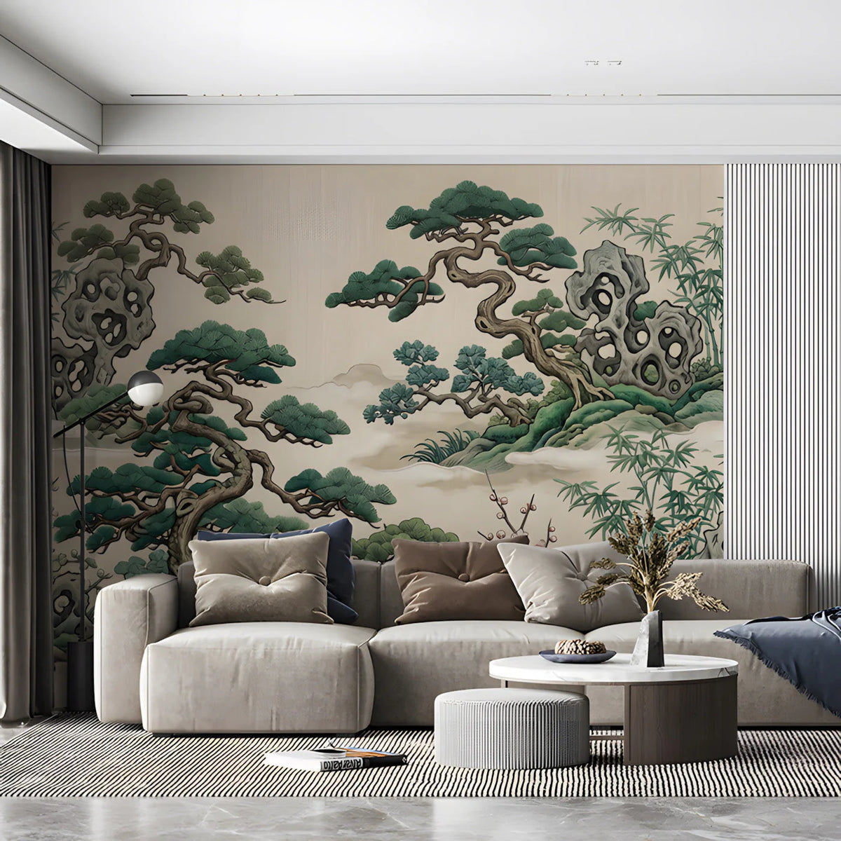 Chinoiserie Pine and Bamboo Mural Wallpaper — Artistic Nature Scene Mural Wallpaper - pure wallpaper artwork