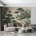 Chinoiserie Pine and Bamboo Mural Wallpaper — Artistic Nature Scene Mural Wallpaper - pure wallpaper artwork