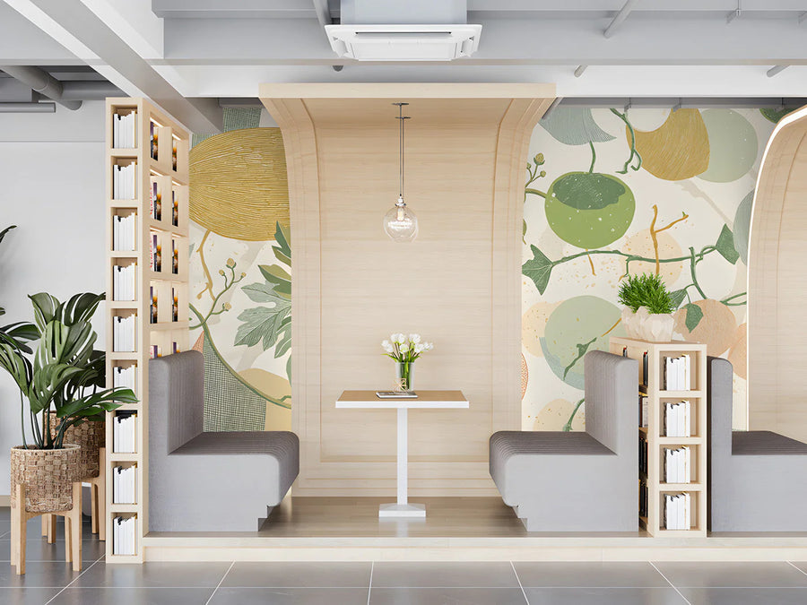 Botanical Sketch Mural Wallpaper — Ochre and Sage Abstract Mural Wallpaper