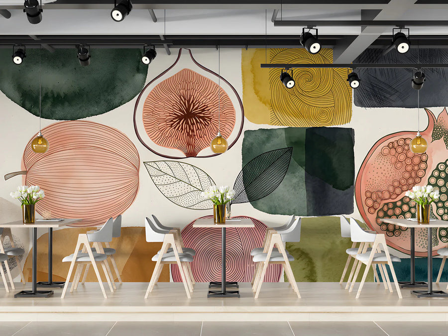 Modern Botanical Fruit Mural Wallpaper in Earthy Watercolor Tones Mural Wallpaper