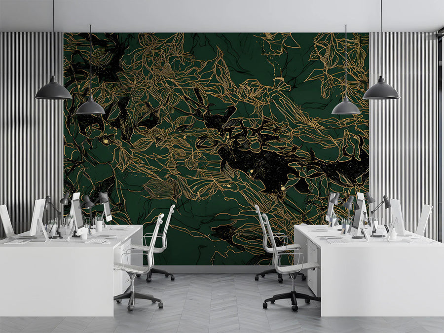 Gilded Botanical Mural Wallpaper in Deep Forest Green Mural Wallpaper