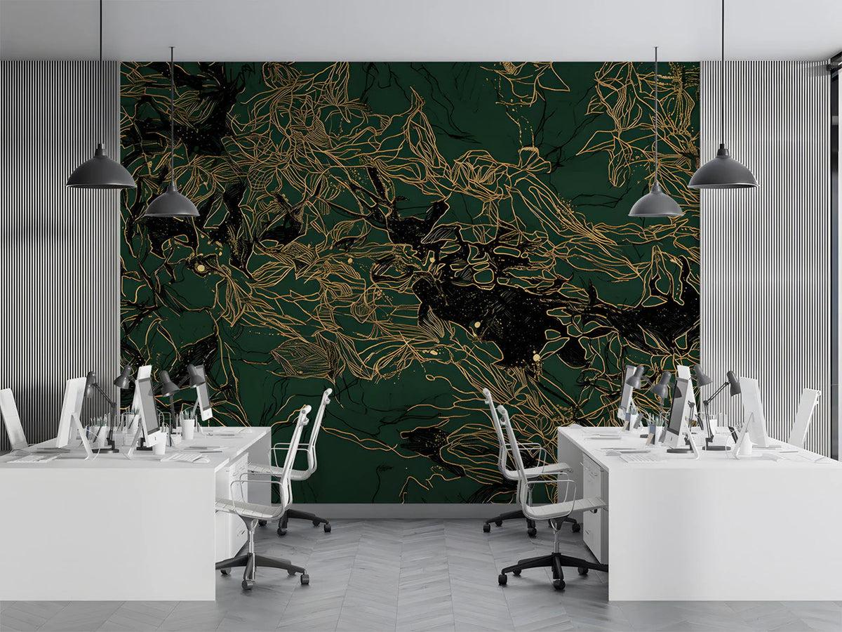 Gilded Botanical Mural Wallpaper in Deep Forest Green Mural Wallpaper - pure wallpaper artwork