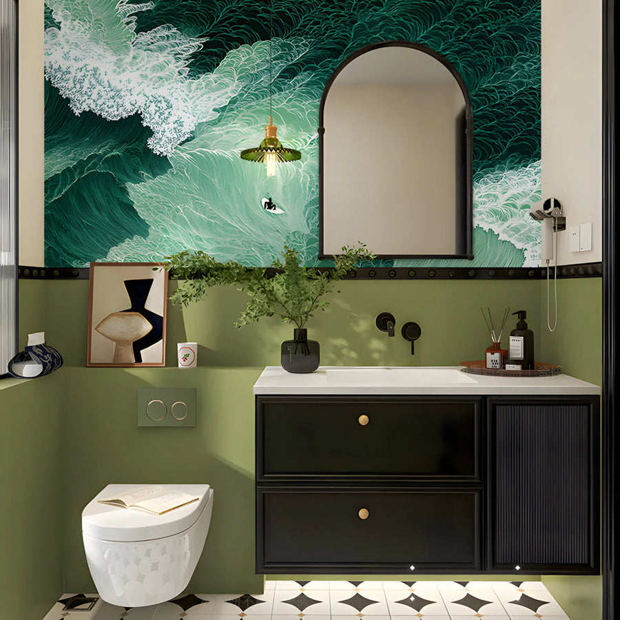 Surfer on Deep Green Waves Mural Wallpaper — Ink Illustration Style Mural Wallpaper