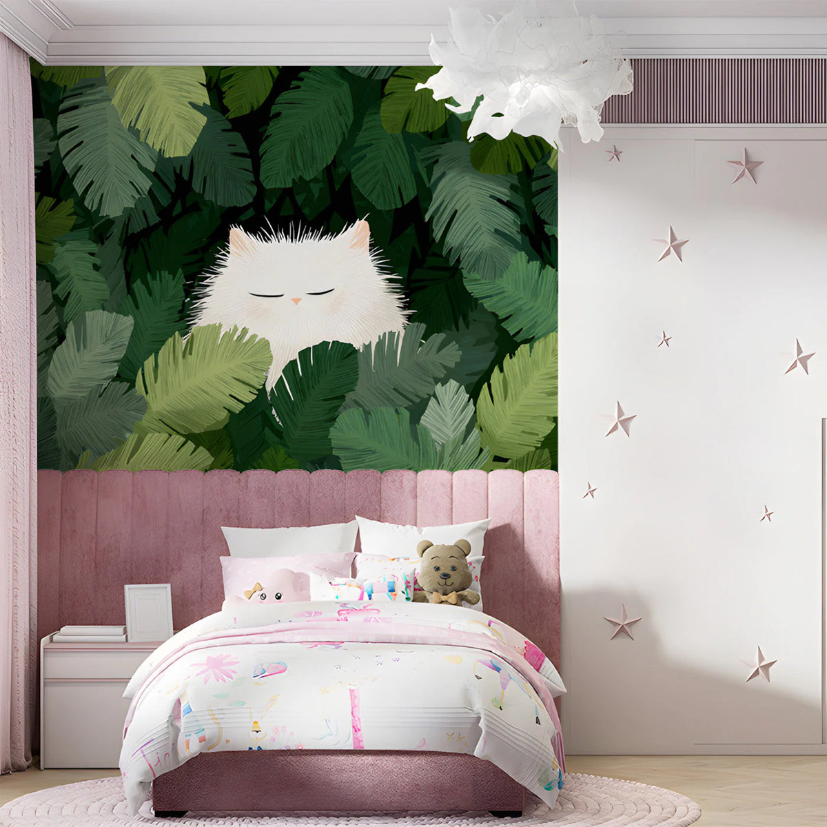 Sleepy White Cat in Tropical Foliage Mural Wallpaper - pure wallpaper artwork