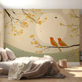Autumn Songbirds Mural Wallpaper — Soft Ochre and Sage Illustration Mural Wallpaper - pure wallpaper artwork