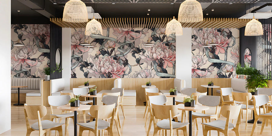 Chrysanthemum and Ribbon Mural Wallpaper — Art Nouveau Floral Mural Wallpaper