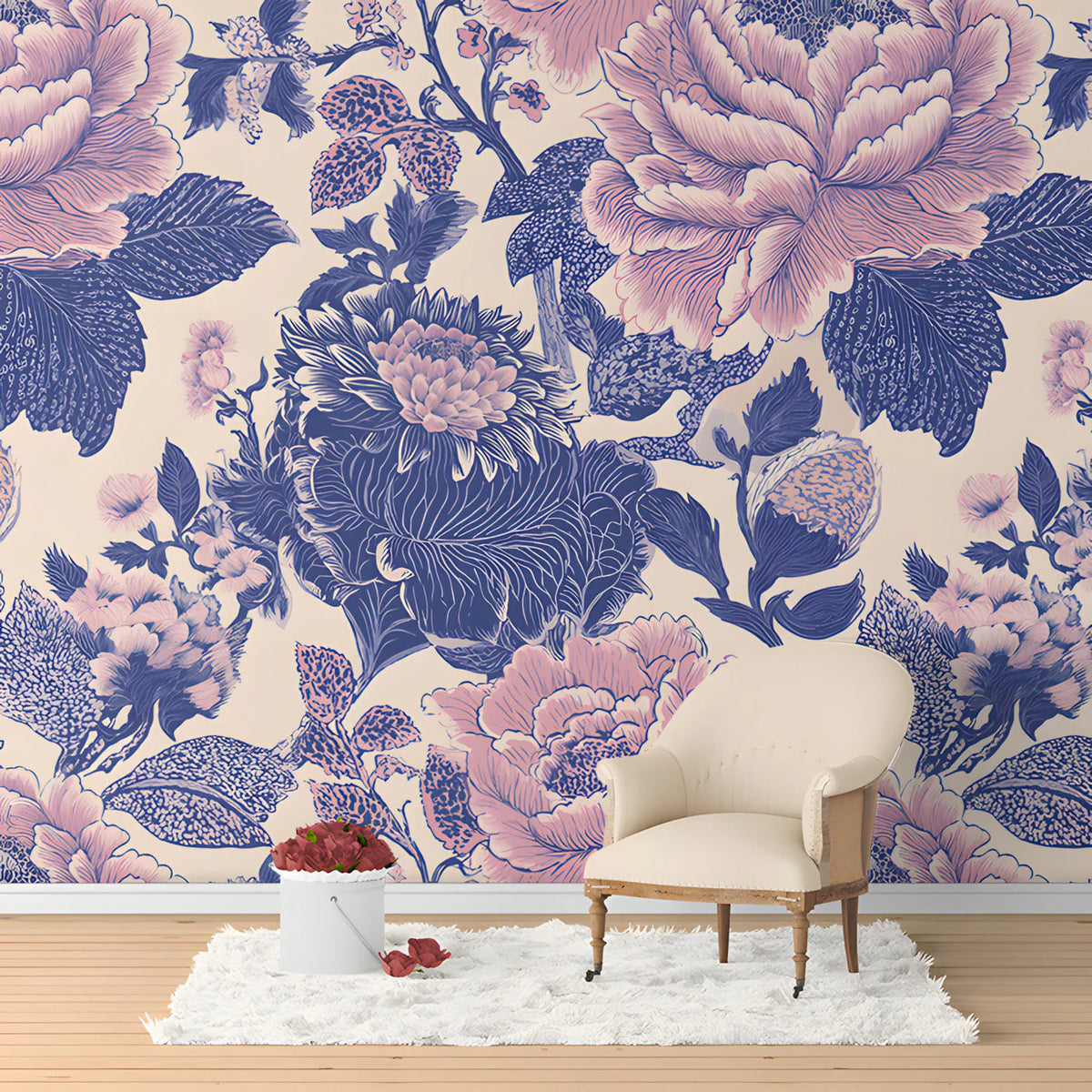 Vintage Peony Floral Mural Wallpaper in Soft Blush and Deep Indigo Mural Wallpaper - pure wallpaper artwork
