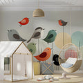 Whimsical Bird and Geometric Circle Mural Wallpaper - pure wallpaper artwork