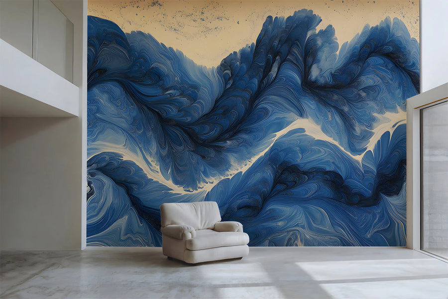 Indigo Fluid Marble Mural Wallpaper — Artistic Abstract Waves Mural Wallpaper