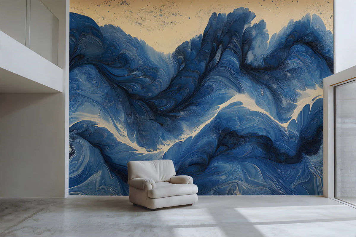 Indigo Fluid Marble Mural Wallpaper — Artistic Abstract Waves Mural Wallpaper - pure wallpaper artwork