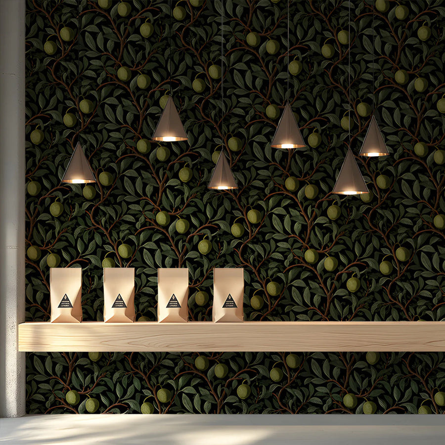 Olive Branch Botanical Mural Wallpaper — Dark Forest Green Aesthetic Mural Wallpaper