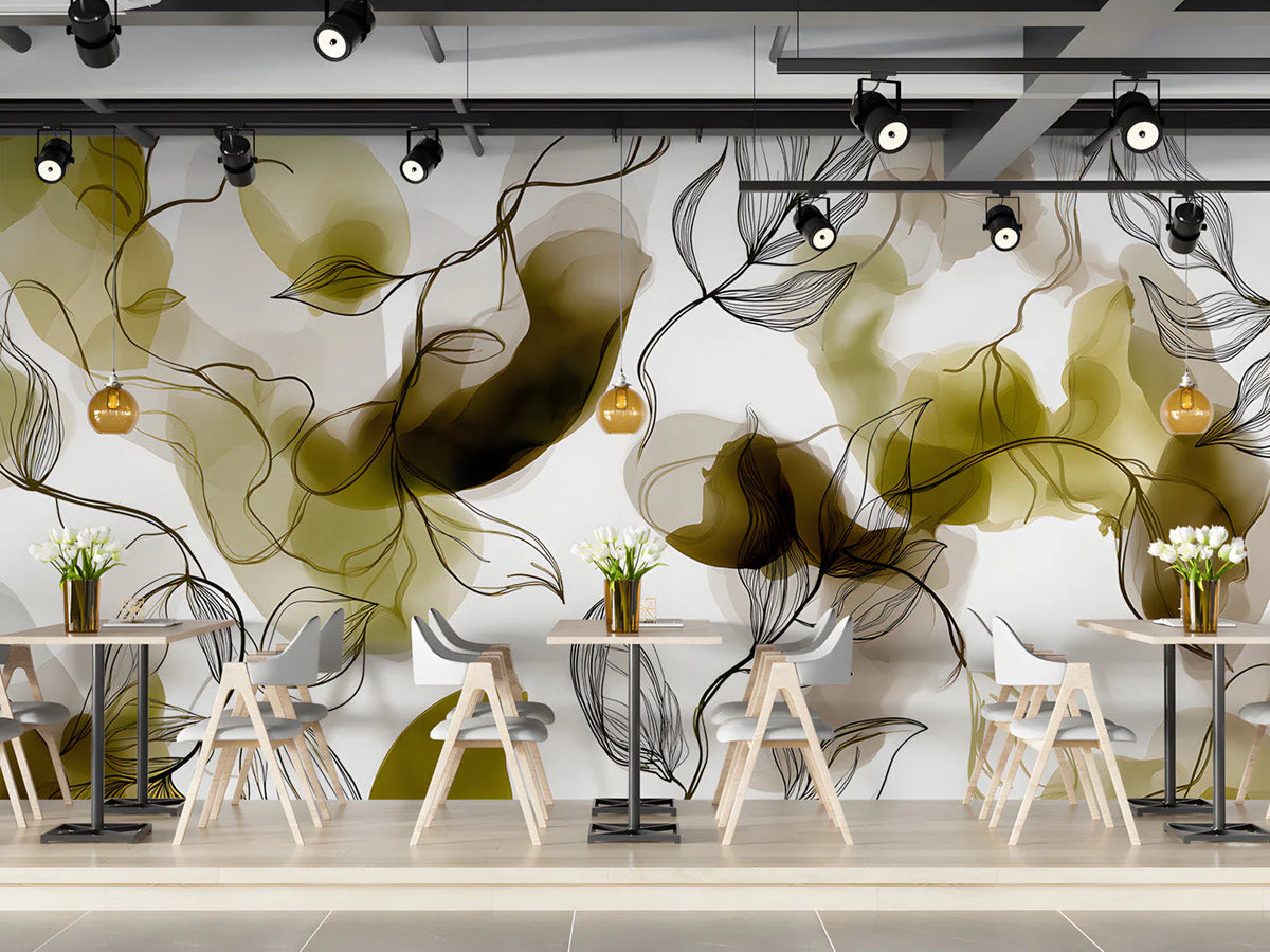 Olive Ink Botanical Mural Wallpaper with Fine Line Illustration Mural Wallpaper - pure wallpaper artwork