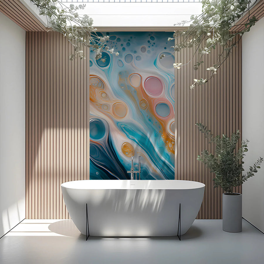 Fluid Motion Teal and Amber Abstract Mural Wallpaper