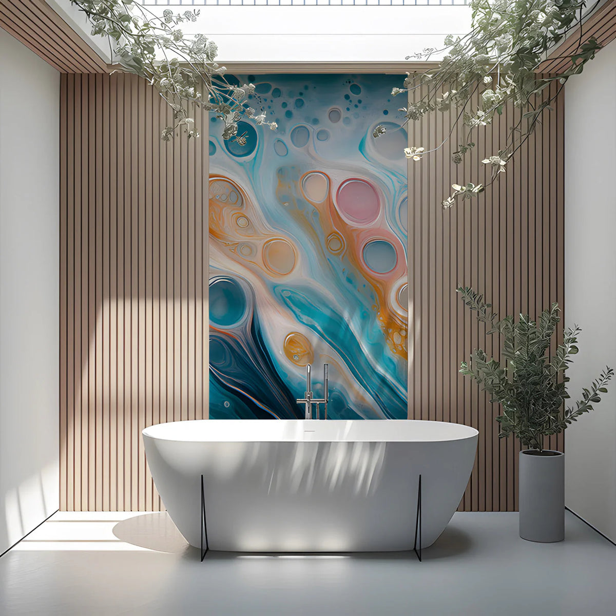 Fluid Motion Teal and Amber Abstract Mural Wallpaper - pure wallpaper artwork