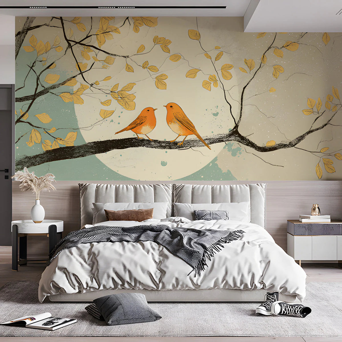 Golden Songbird Nature Mural Wallpaper — Artistic Branch Motif Mural Wallpaper - pure wallpaper artwork