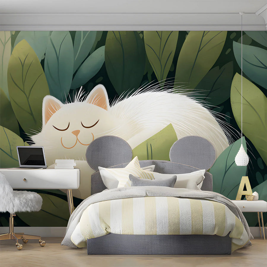 Sleeping White Cat Botanical Mural Wallpaper