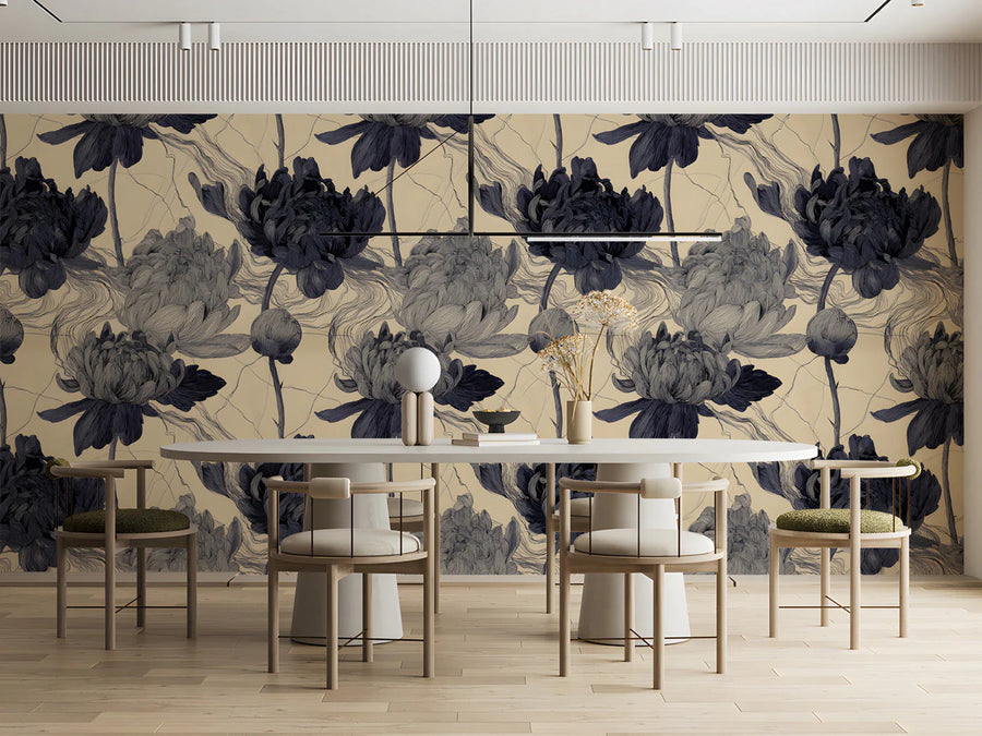 Ink Wash Peony Mural Wallpaper in Monochrome and Cream Mural Wallpaper