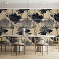 Ink Wash Peony Mural Wallpaper in Monochrome and Cream Mural Wallpaper - pure wallpaper artwork