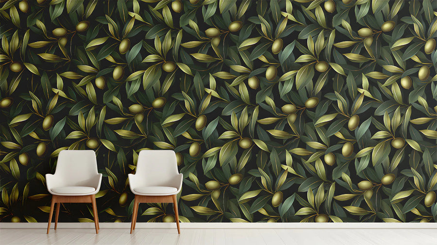 Olive Branch Botanical Mural Wallpaper — Dark Mediterranean Style Mural Wallpaper