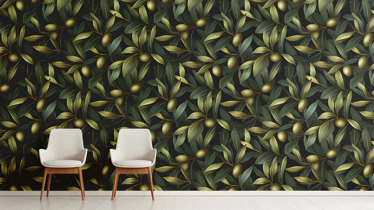 Olive Branch Botanical Mural Wallpaper — Dark Mediterranean Style Mural Wallpaper - pure wallpaper artwork