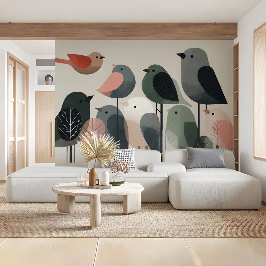 Minimalist Bird Flock Mural Wallpaper in Soft Earth Tones Mural Wallpaper