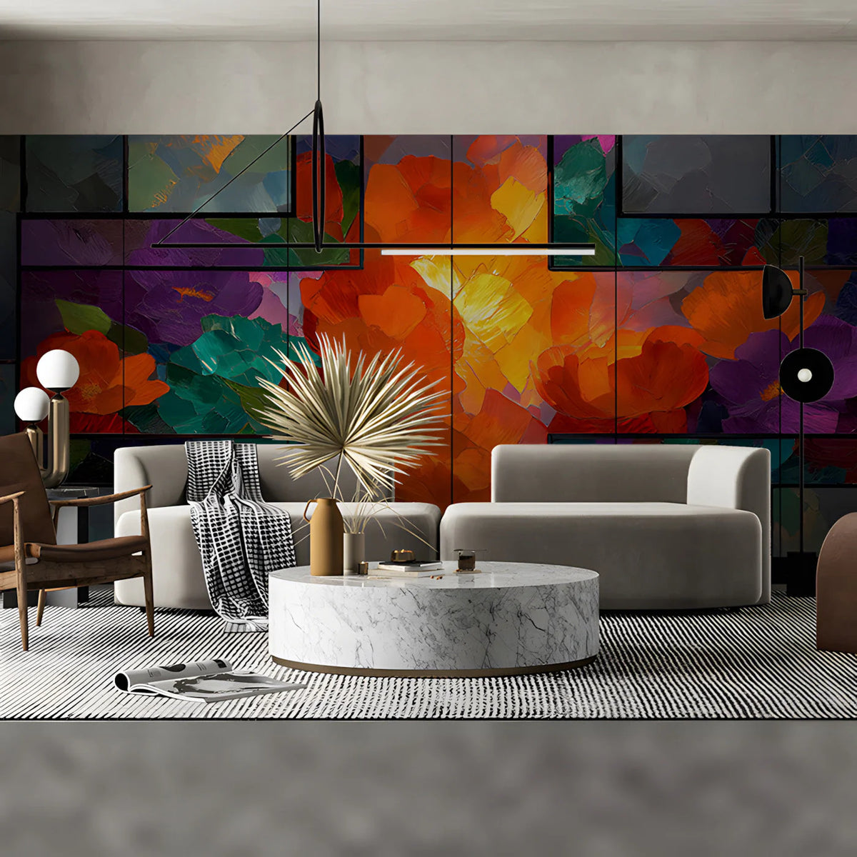 Stained Glass Floral Mural Wallpaper in Vibrant Oil Paint Style Mural Wallpaper - pure wallpaper artwork