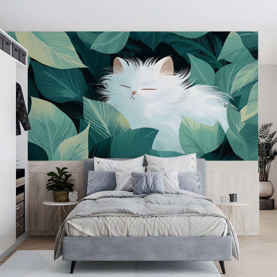 Sleeping White Cat in Tropical Foliage Mural Wallpaper