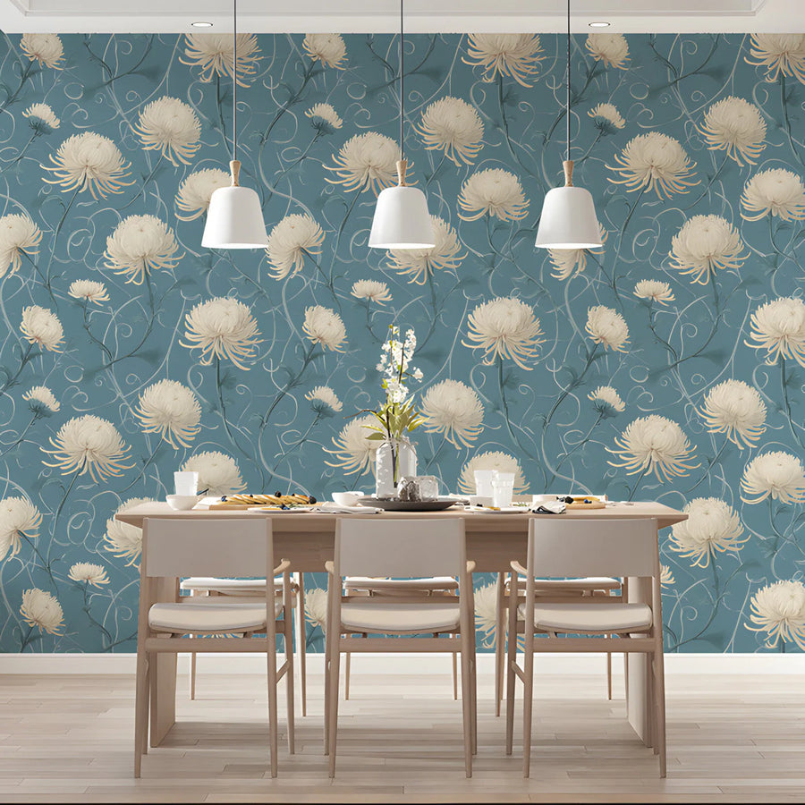 Vintage Chrysanthemum Mural Wallpaper in Dusty Blue Mural Wallpaper