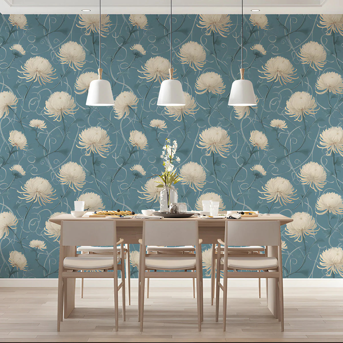 Vintage Chrysanthemum Mural Wallpaper in Dusty Blue Mural Wallpaper - pure wallpaper artwork