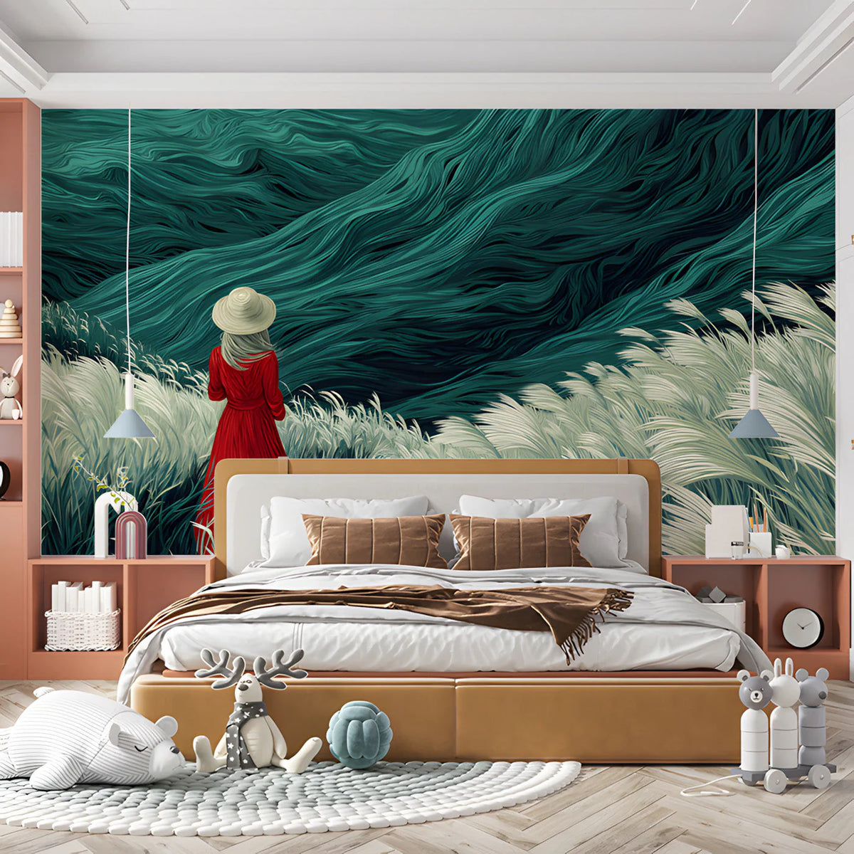 Woman in Red Dress Meadow Mural Wallpaper — Artistic Landscape Mural Wallpaper - pure wallpaper artwork