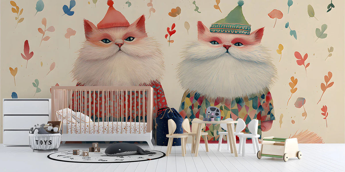 Whimsical Dressed Cats Mural Wallpaper — Hand-Painted Illustration Mural Wallpaper - pure wallpaper artwork