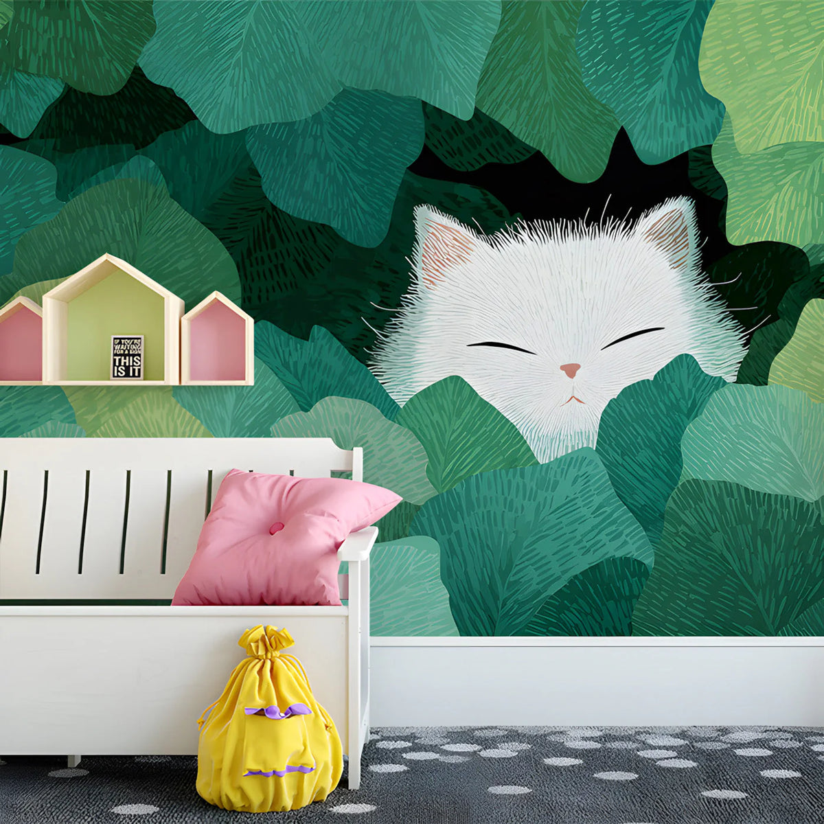 Sleepy White Cat in Tropical Leaves Mural Wallpaper - pure wallpaper artwork